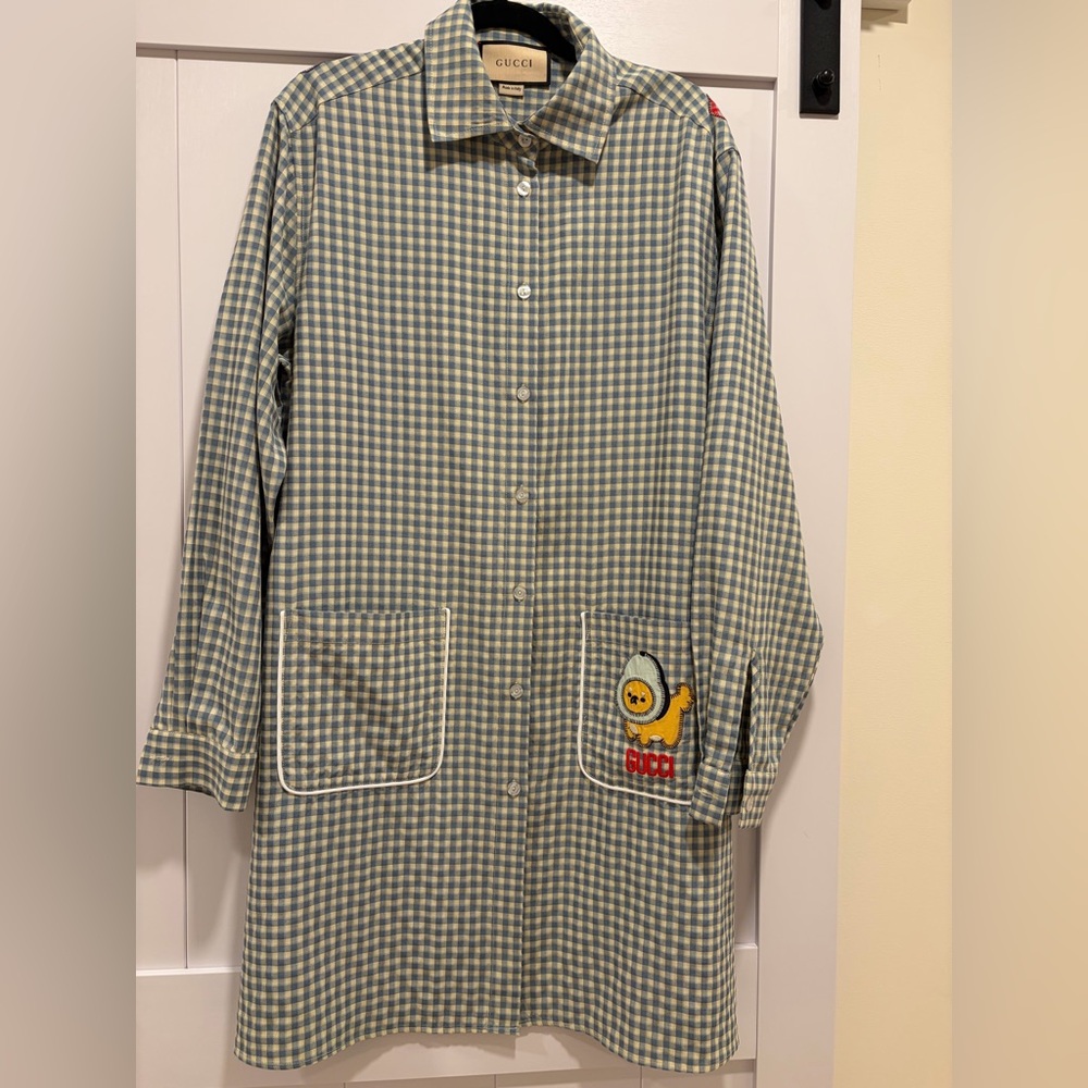 Gucci Gingham Embroidered Cotton Oversized Shirtdress or Tunic Size 38 - Picture 2 of 13